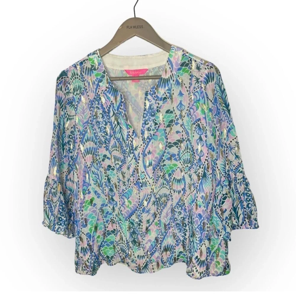 Perfect LILLY PULITZER ELENORA SILK BLOUSE TAILS OF THE SEA METALLICS Small - Picture 3 of 9
